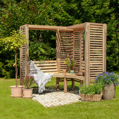 Doppelpergola modern mit Bank und Rankgitter - Eine stilvolle Holzpergola für gemütliche Stunden im Garten.