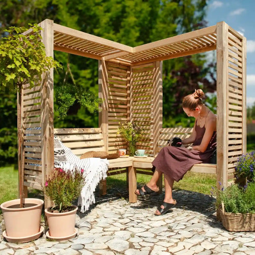 Doppelpergola modern mit Bank - Perfekte Gartenmöbel für entspannte Tage und romantische Abende.