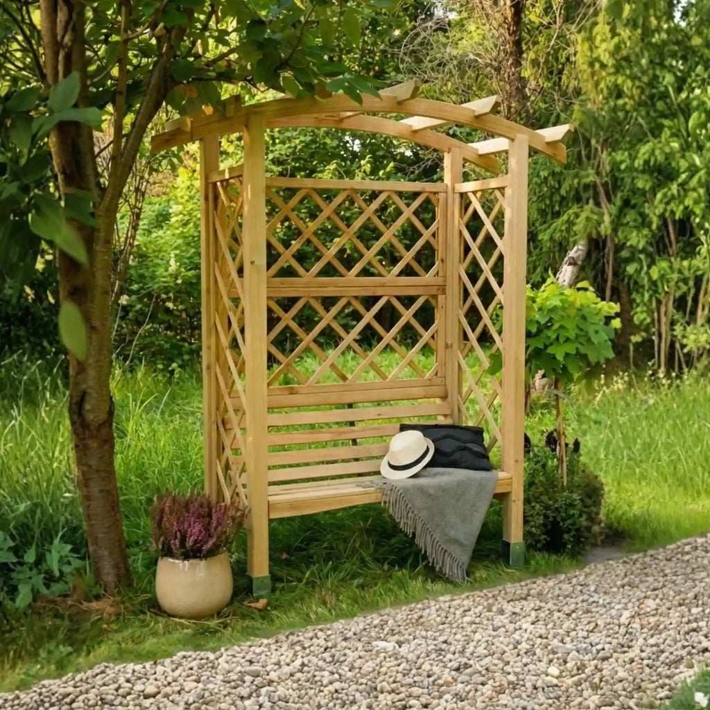 Pergola klassik mit Bank und gebogenen Dach - Pergola aus Holz - Gartenbank
