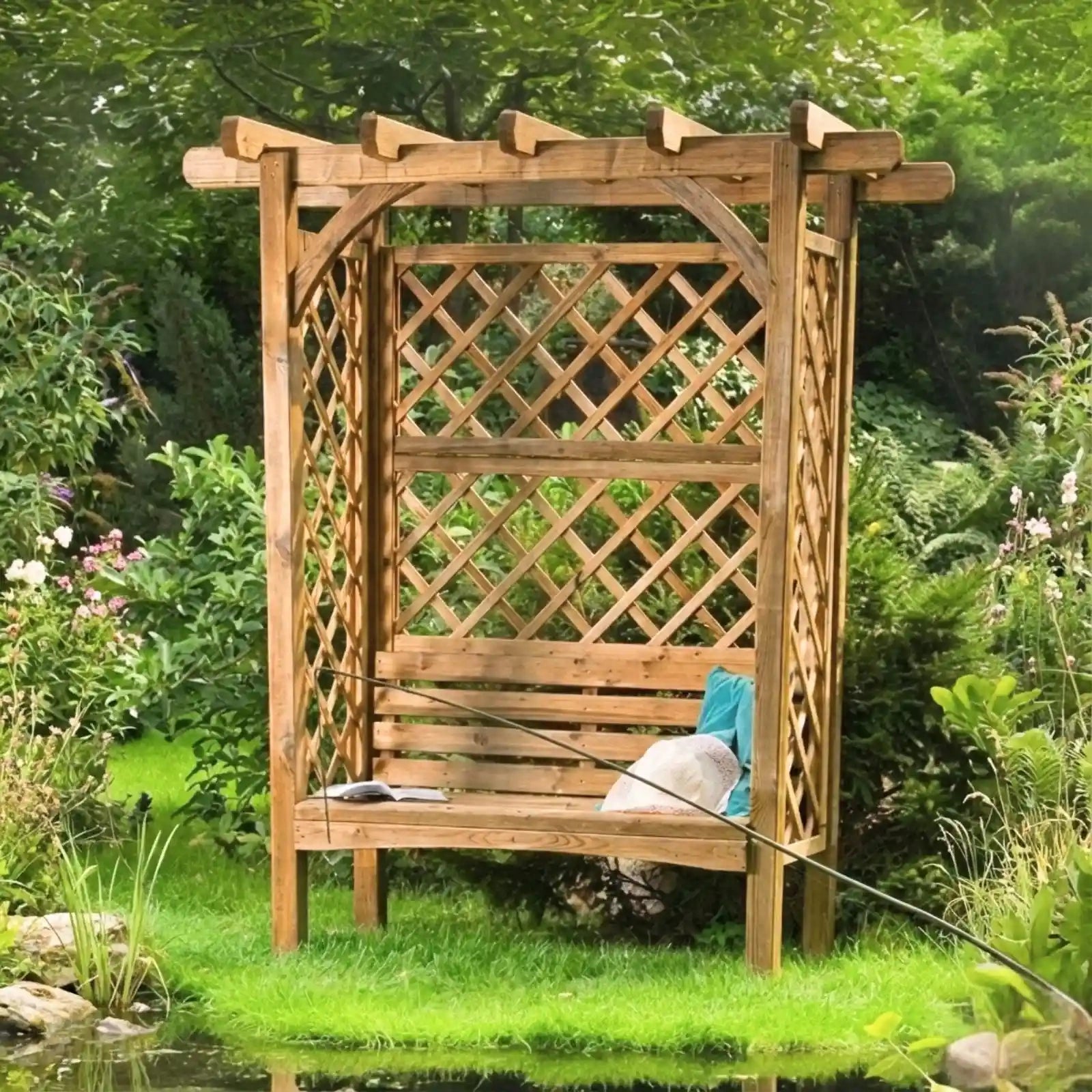 Pergola klassik mit Bank und flachen Dach - Pergola aus Holz - Gartenbank