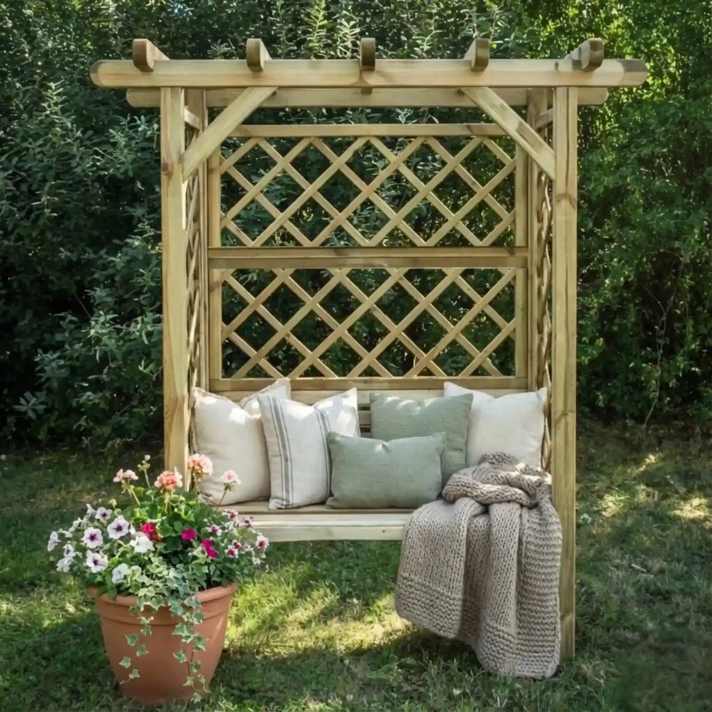Pergola klassik mit Bank und flachen Dach - Pergola aus Holz - Gartenbank
