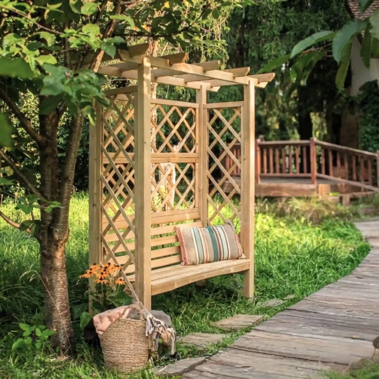 Pergola klassik mit Bank und flachen Dach - Pergola aus Holz - Gartenbank