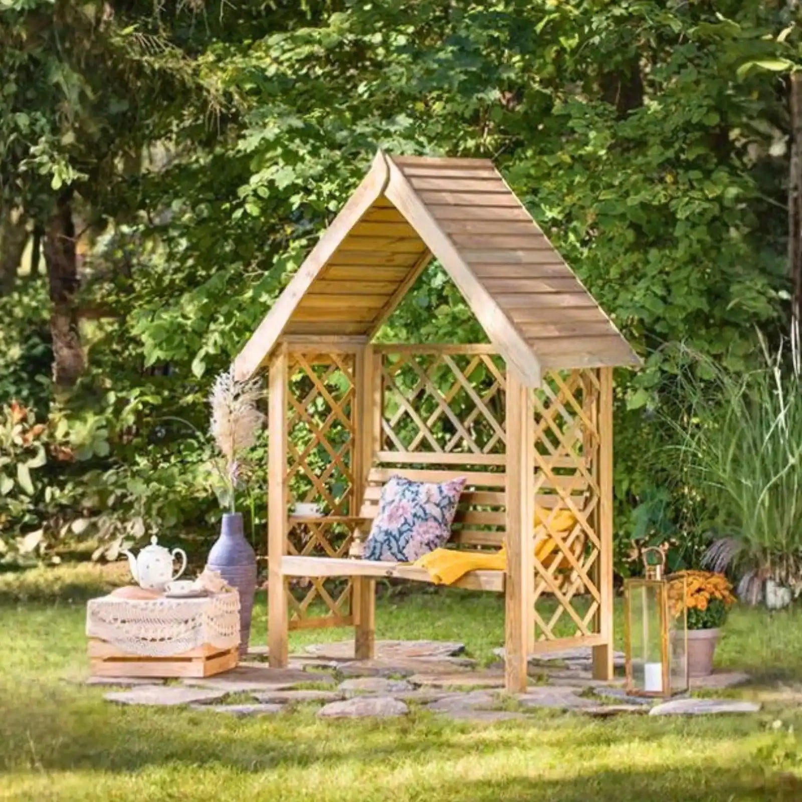 Pergola mit Bank, Spitzdach und Rankgitter - Pergola aus Holz - Gartenbank