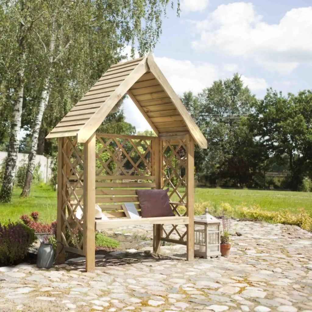 Pergola mit Bank, Spitzdach und Rankgitter - Pergola aus Holz - Gartenbank