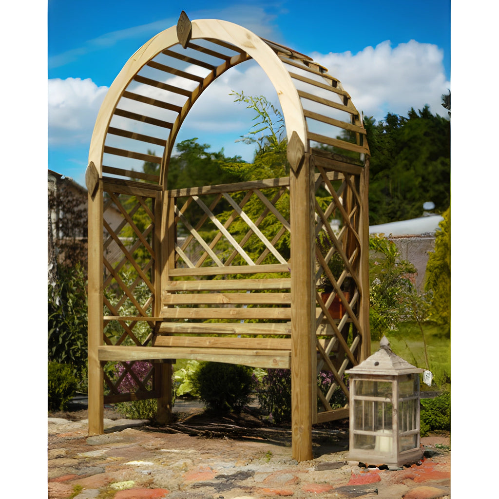 Rosenbogen Pergola mit Bank, Runddach und Rankgitter - Pergola aus Holz - Gartenbank