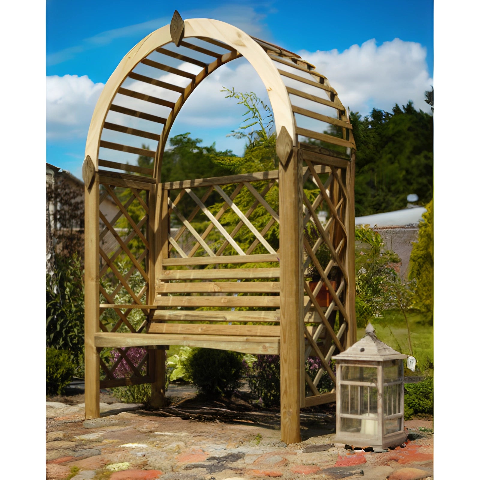 Rosenbogen Pergola mit Bank, Runddach und Rankgitter - Pergola aus Holz - Gartenbank