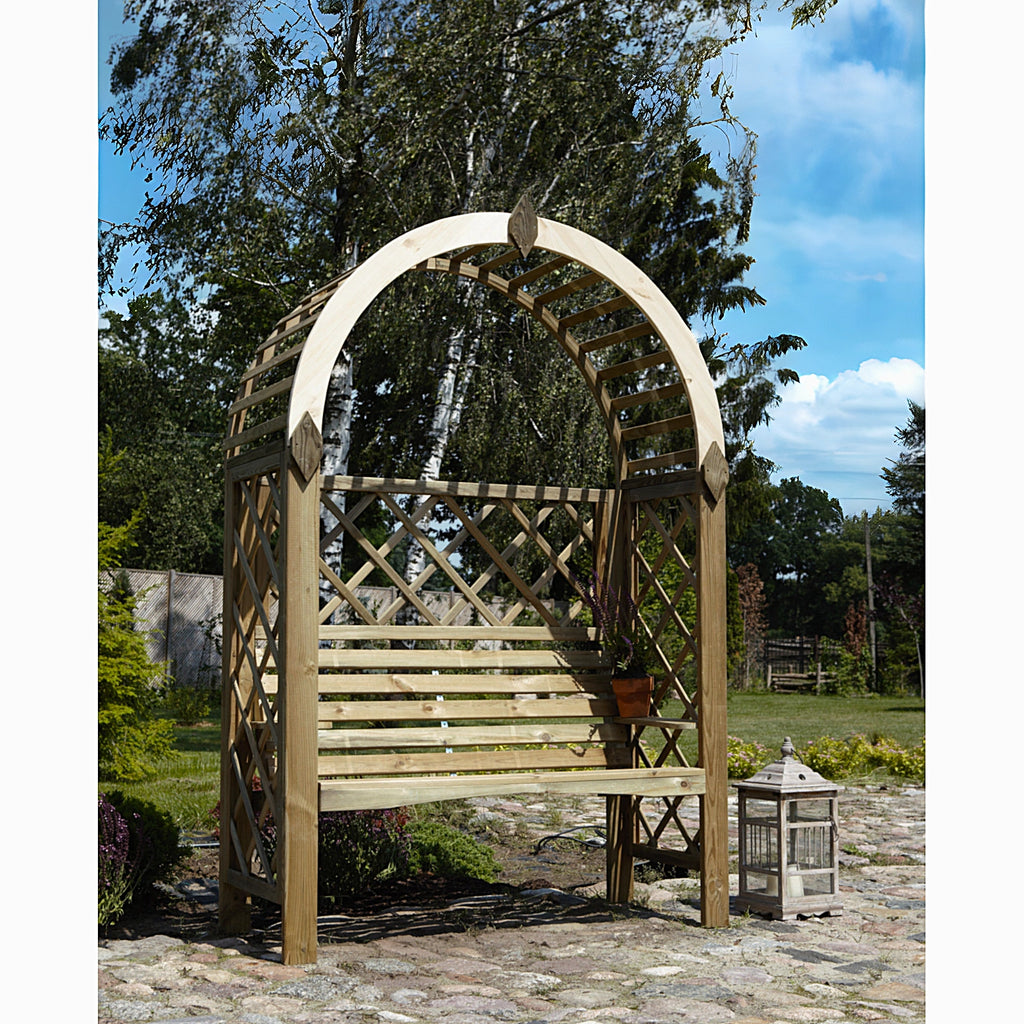 Rosenbogen Pergola mit Bank, Runddach und Rankgitter - Pergola aus Holz - Gartenbank
