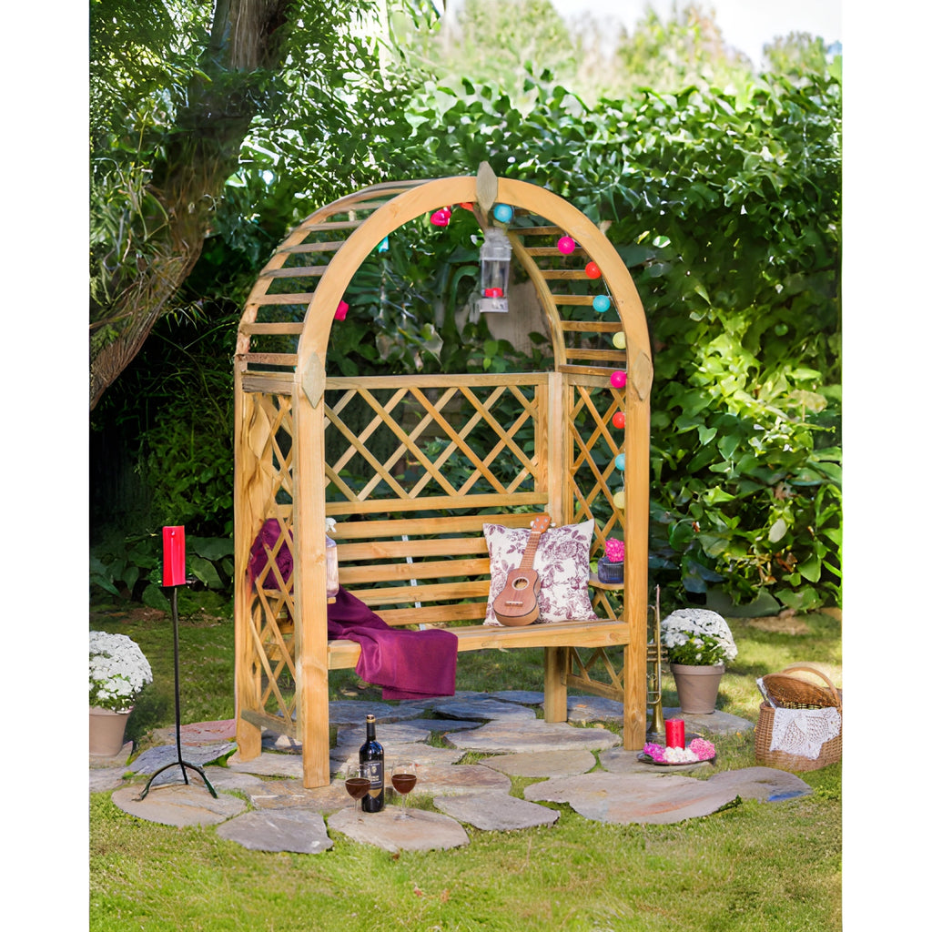 Rosenbogen Pergola mit Bank, Runddach und Rankgitter - Pergola aus Holz - Gartenbank
