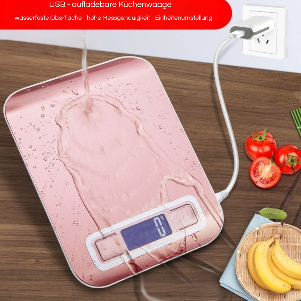 Moderne digitale Küchenwaage mit USB Aufladung und wasserfester Oberfläche, ideal für jeden Küchenbedarf.
