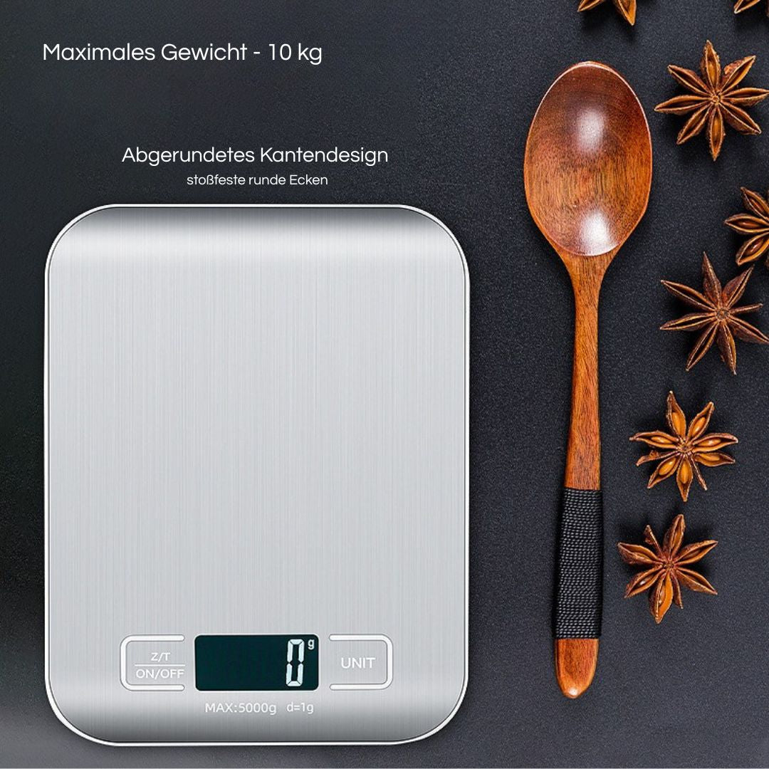 Digitale Küchenwaage in elegantem Design, perfekt für präzises Messen beim Kochen und Backen.